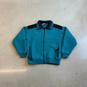 Columbia Fleece Jacket Teal Black Geometric Collar Zip Up Women's L
